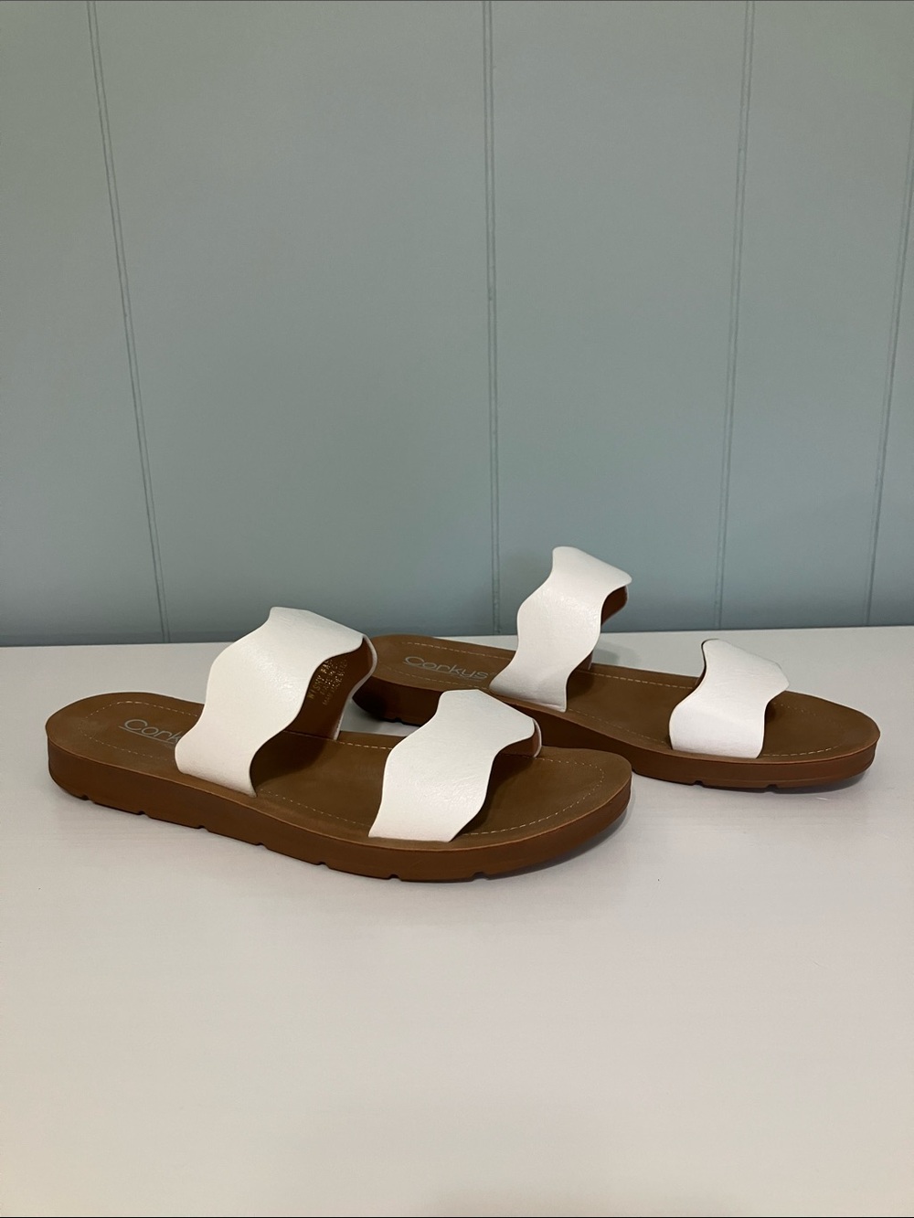 Corkys White Wavy Strap Slide Sandals